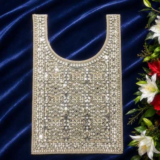 Premium Mirror Work Neck Patch with Handcrafted Lace Embroidery | Golden