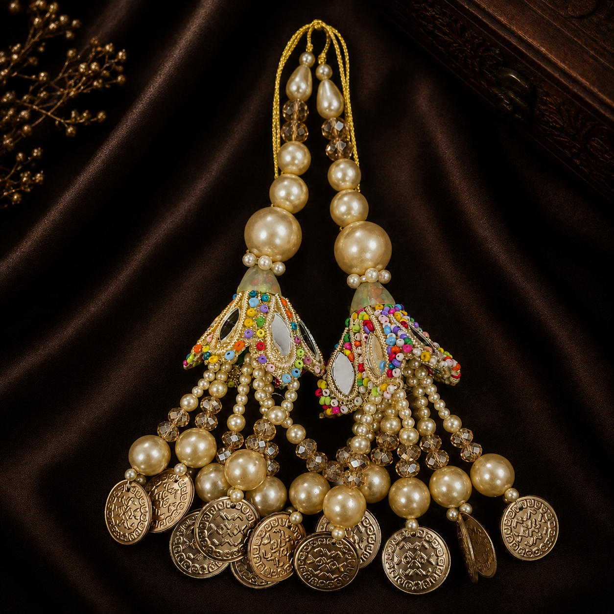 Pair of ornate earrings with pearls, coins, and colorful beads on a dark background