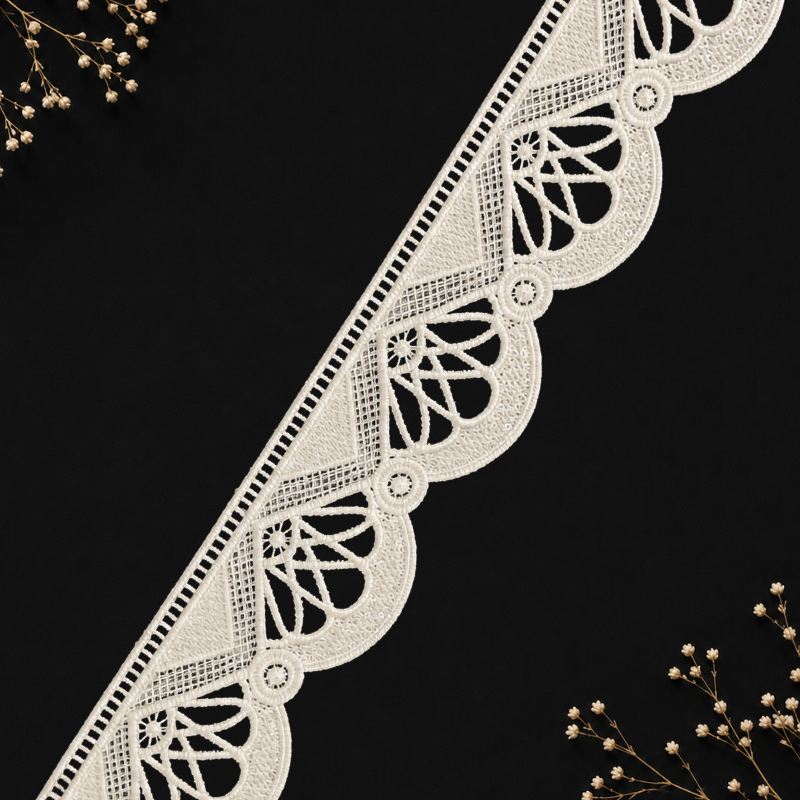 Decorative lace trim on a black background with small plants.